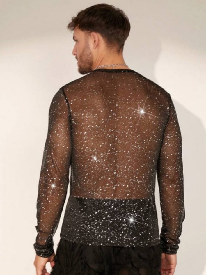 Feline Men's Sheer Mesh Round Neck Long Sleeve Knit T-Shirt